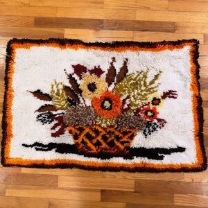 1970s Vintage Floral Handmade Latch Hook Rug Wall Art with Basket Design